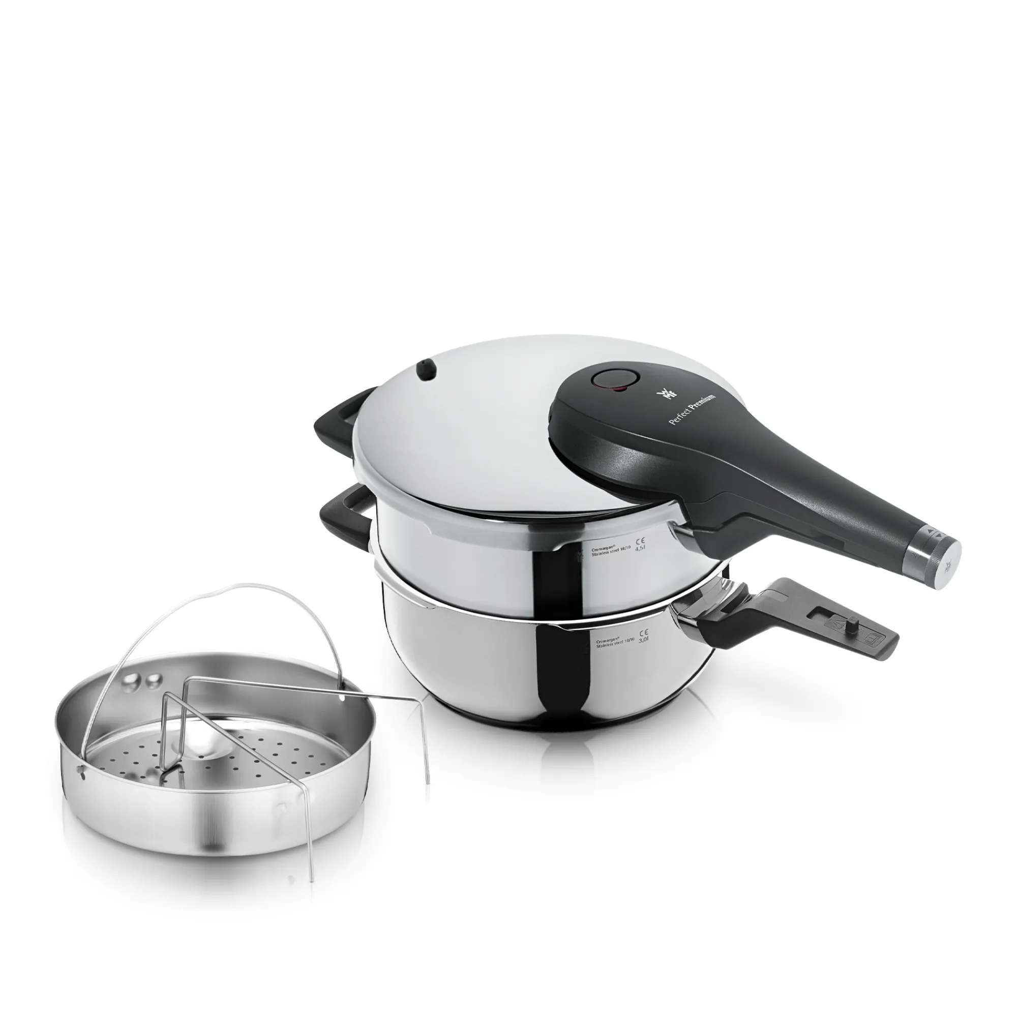 WMF Perfect Premium One Pot Schnellkochtopf-Set mit Dampfgareinsatz, 22 cm, 4,5 und 3,0 Liter, stapelbar| Schnellkochtöpfe|Induktionstöpfe